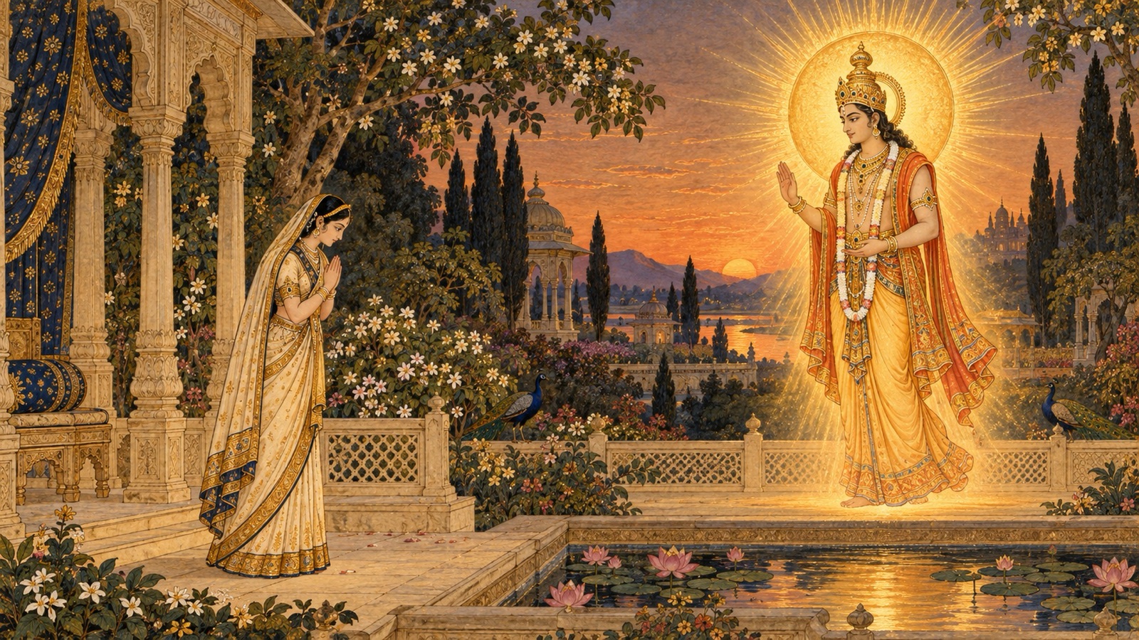 The radiant sun-god appearing before the young Pritha, modestly draped, to grant her a son while preserving her honor
