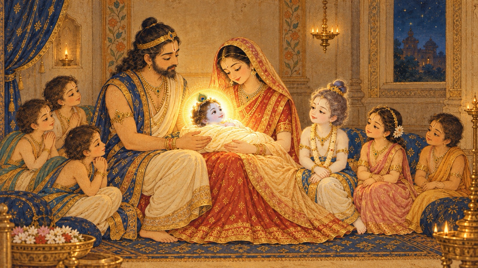 Vasudeva and Devaki with their sacred sons, the eighth of whom Sukadeva declares to be Lord Hari Himself