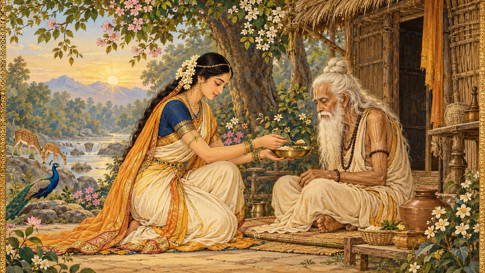 अपने वन-आश्रम में वृद्ध ऋषि च्यवन की श्रद्धापूर्ण सेवा करती राजकुमारी सुकन्या