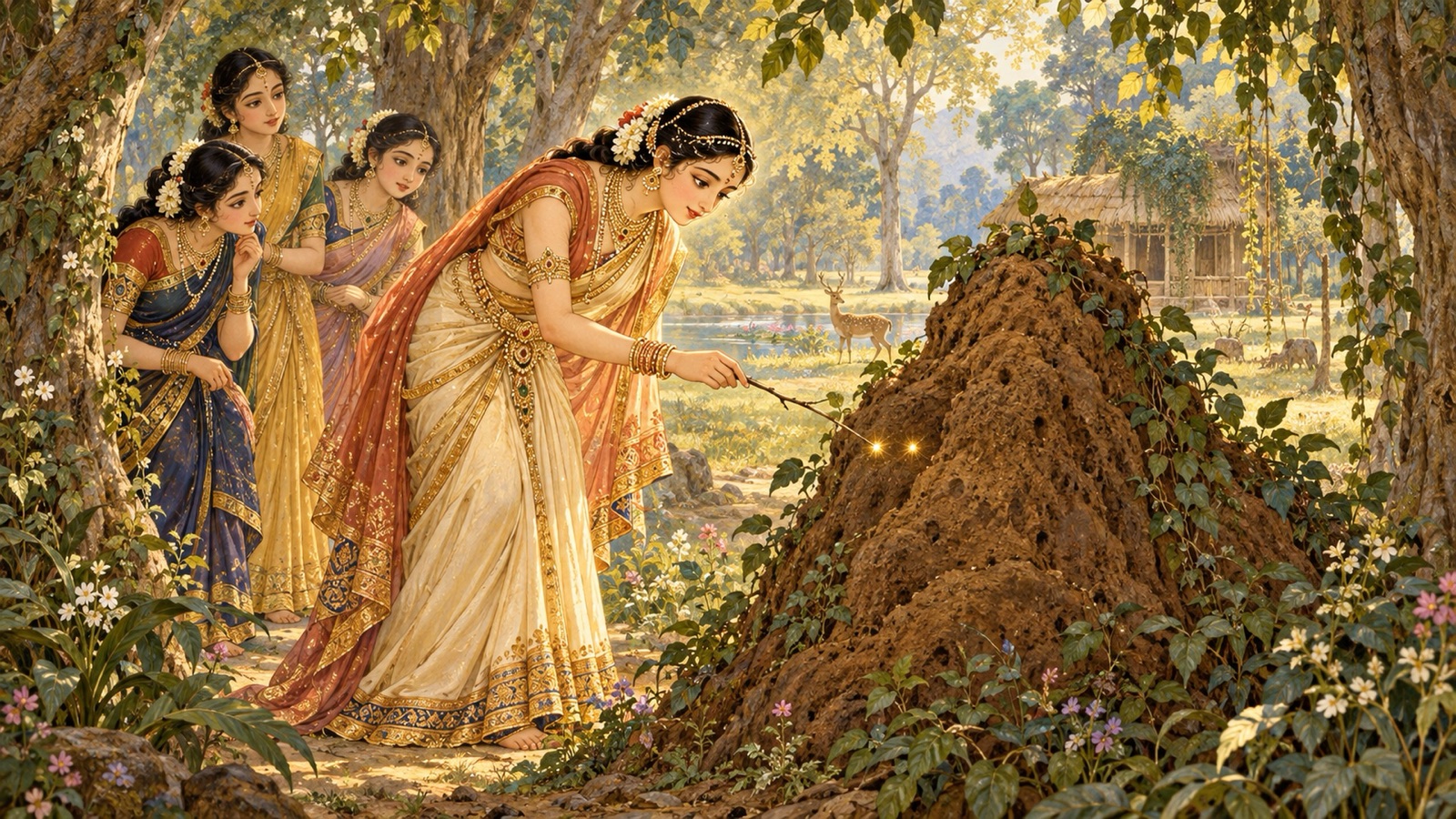 Young Sukanya pricking two glowing points in an anthill with a thorn