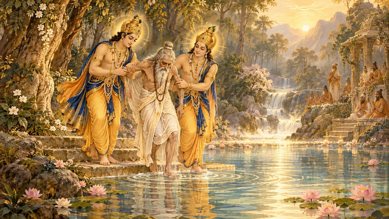 The twin Aswinikumaras leading the aged sage Cyavana into a sacred pool