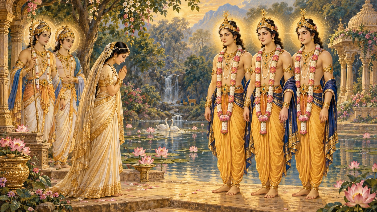 Sukanya praying to the Aswins before three identical radiant youths