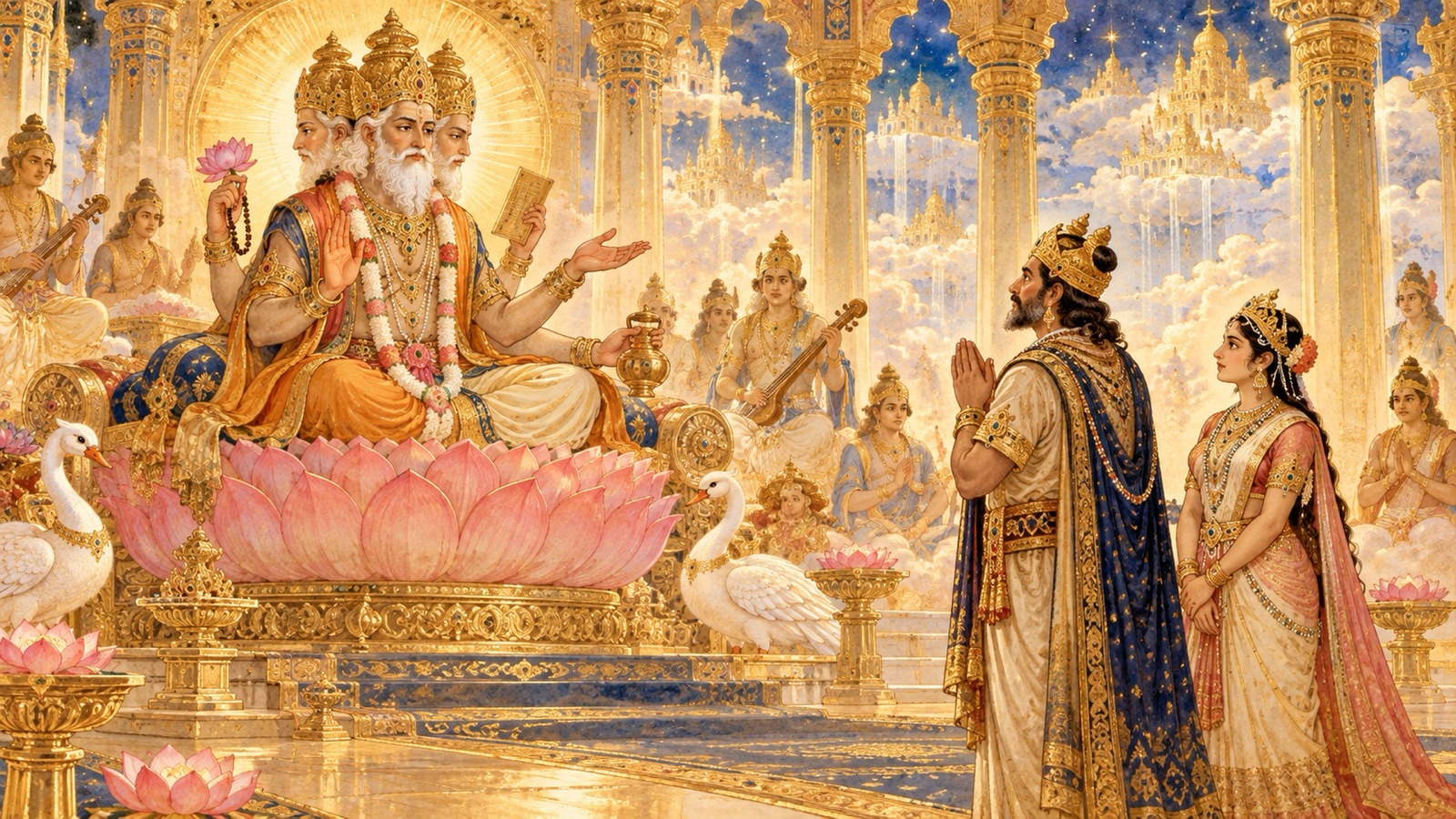 King Kakudmi standing before Brahma in Brahmaloka learning that ages have passed
