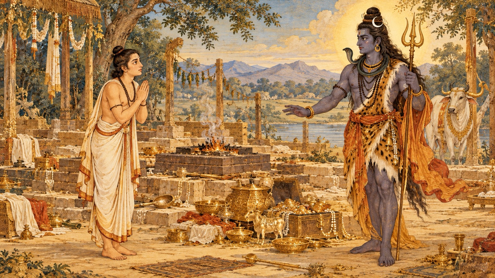 यज्ञ-धन पर अधिकार जताते श्यामवर्ण रुद्र से मिलते सत्यनिष्ठ नाभाग