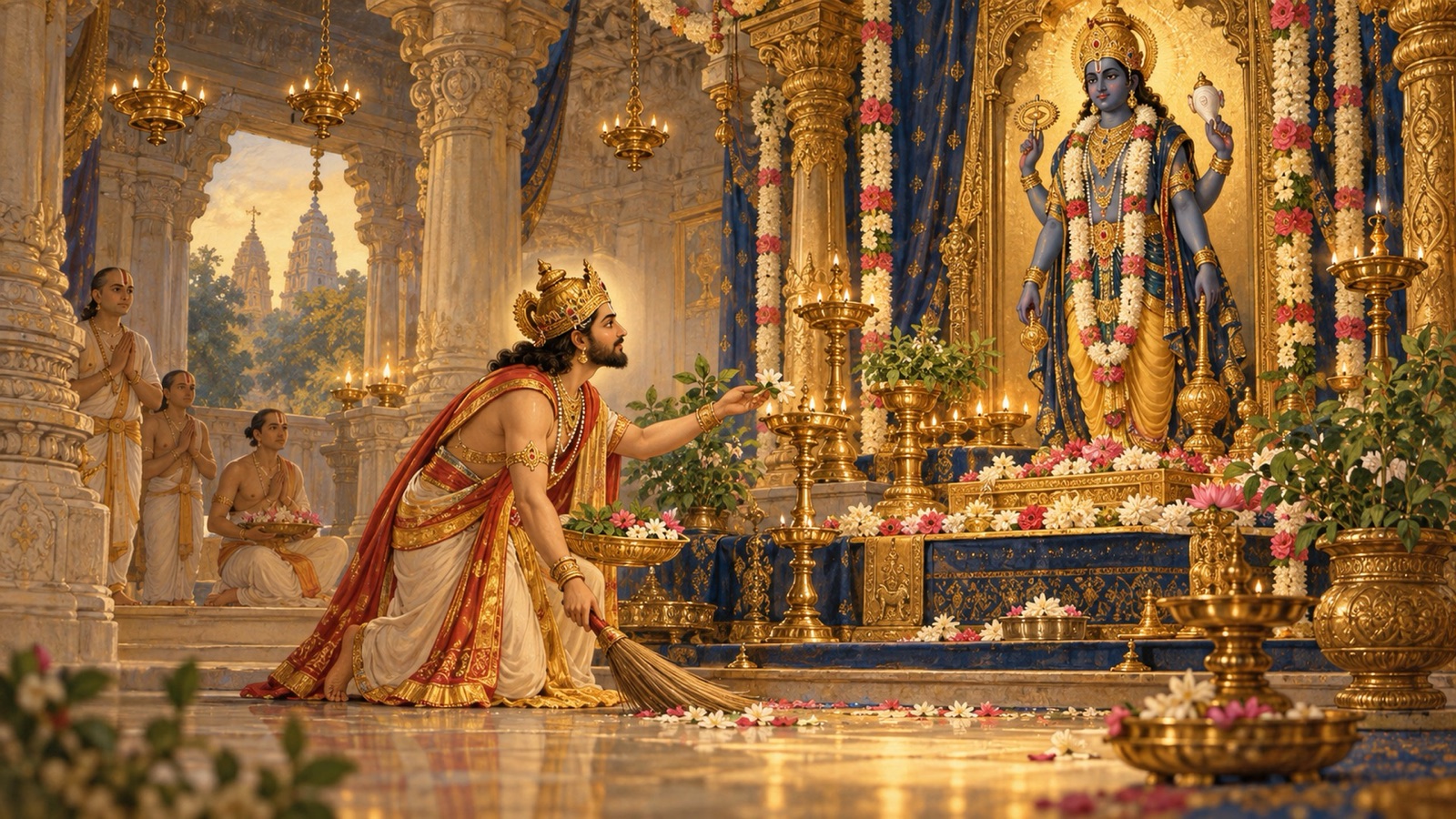 विष्णु-मन्दिर में सेवा करते, मन्दिर बुहारते और विग्रह की पूजा करते राजा अम्बरीष