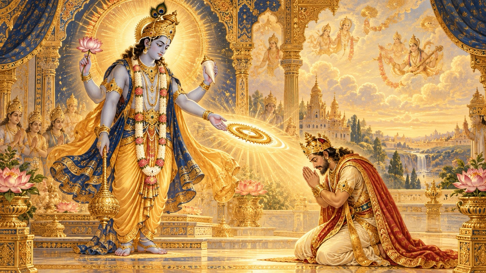 भक्त राजा अम्बरीष को अपना तेजस्वी सुदर्शन चक्र प्रदान करते भगवान् विष्णु