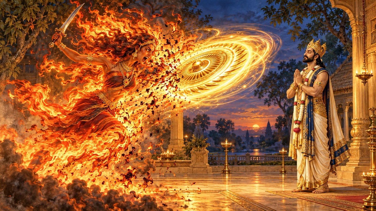 The Sudarsana discus consuming the fiery Krtya demon while King Ambarisha stands unmoved