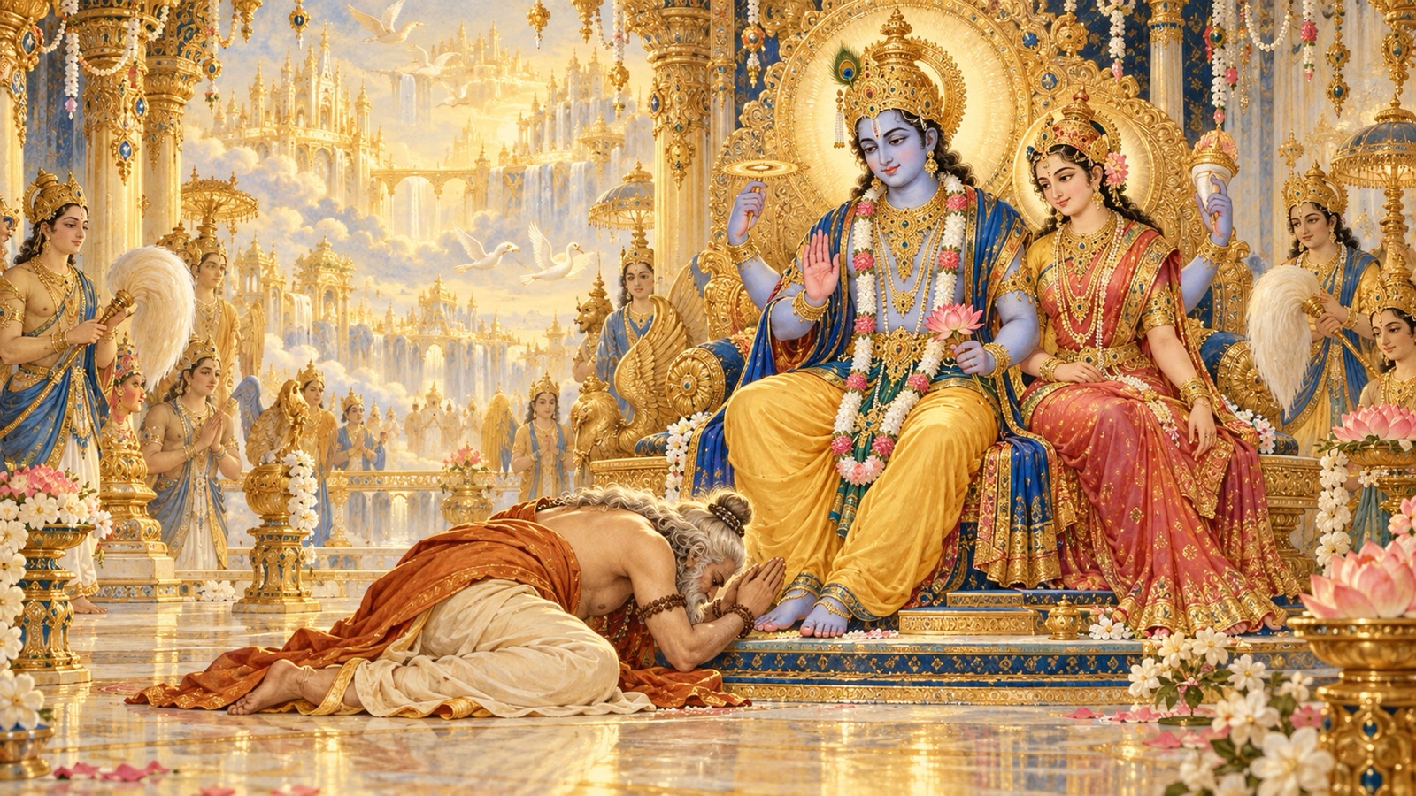 The humbled sage Durvasa falling at the feet of Lord Vishnu in Vaikuntha to beg protection