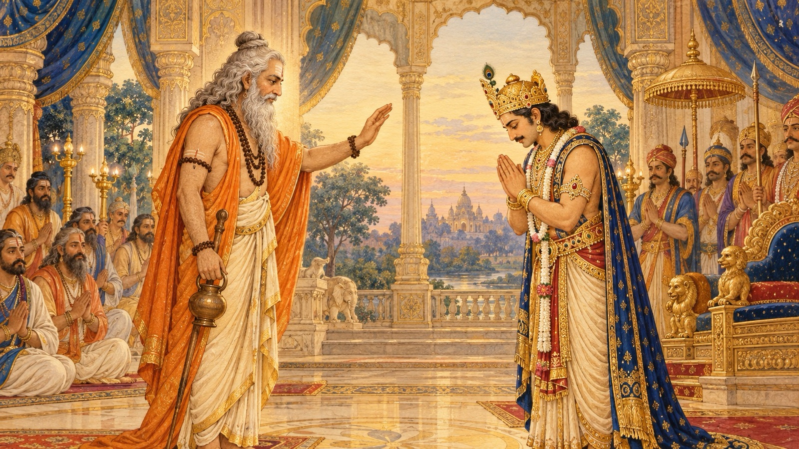 राजा अम्बरीष की श्रद्धापूर्वक स्तुति एवं आशीर्वाद देते ऋषि दुर्वासा