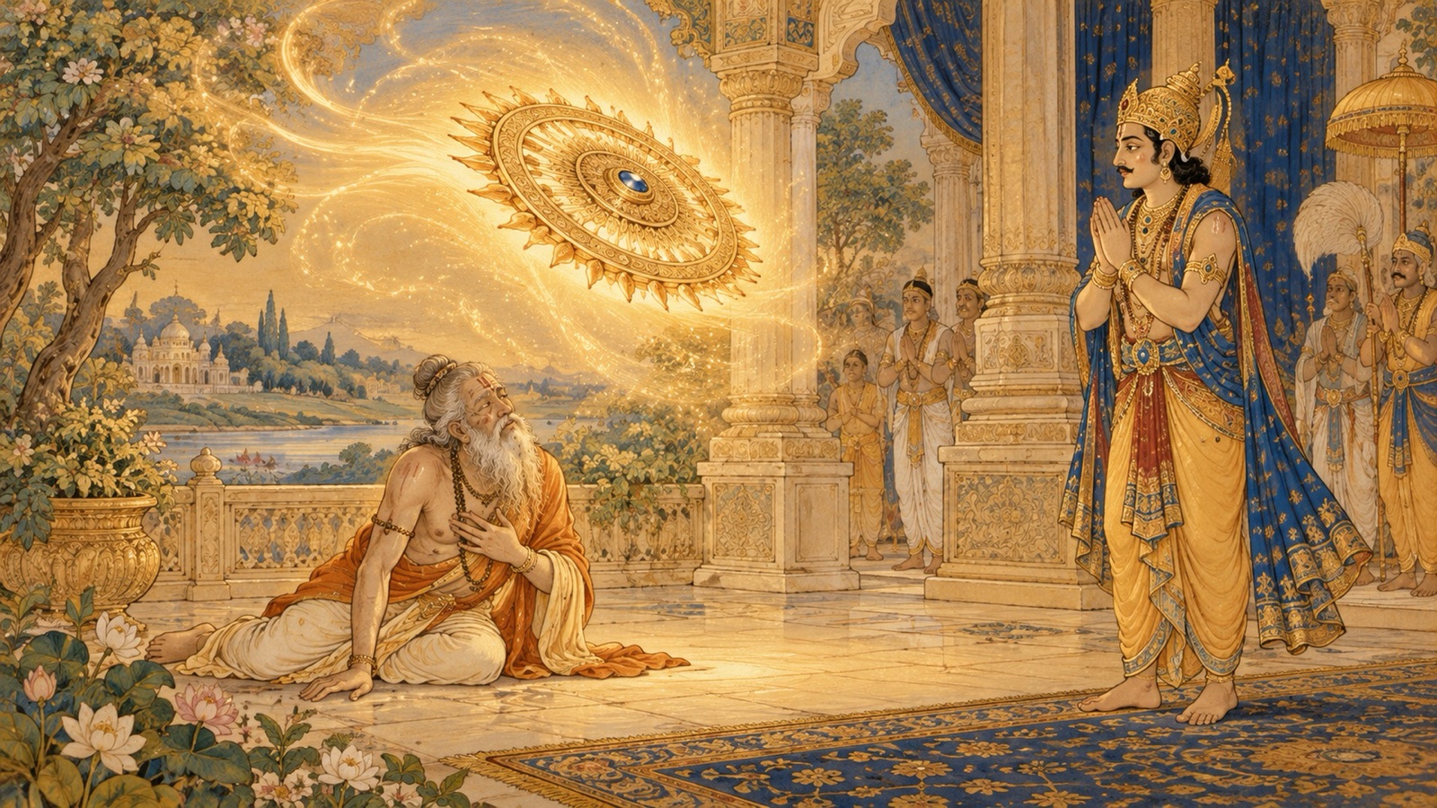 The Sudarsana discus growing calm and withdrawing its fire as the relieved sage Durvasa is spared