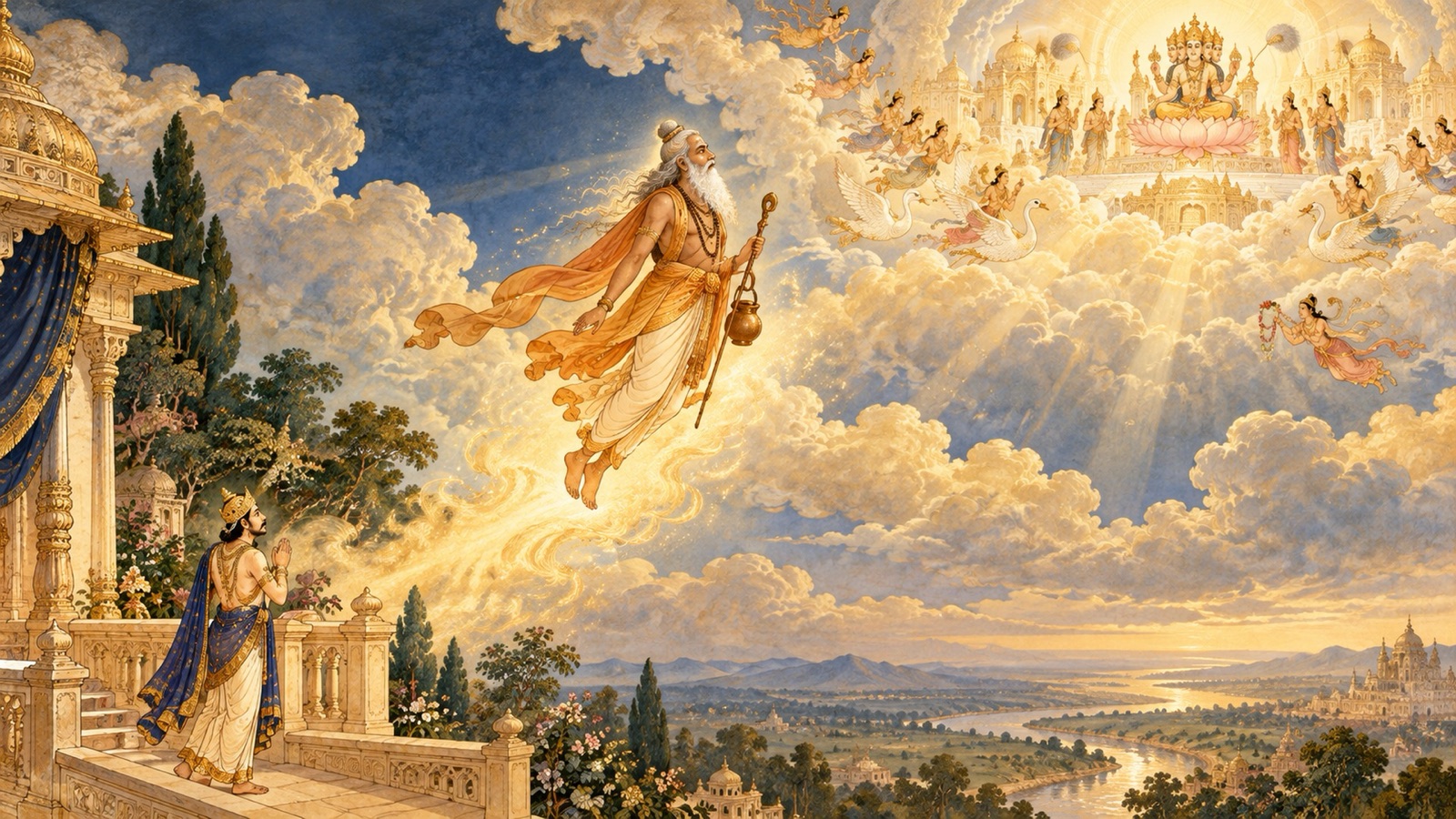 The sage Durvasa rising through the heavens toward the realm of Brahma after taking the king's leave