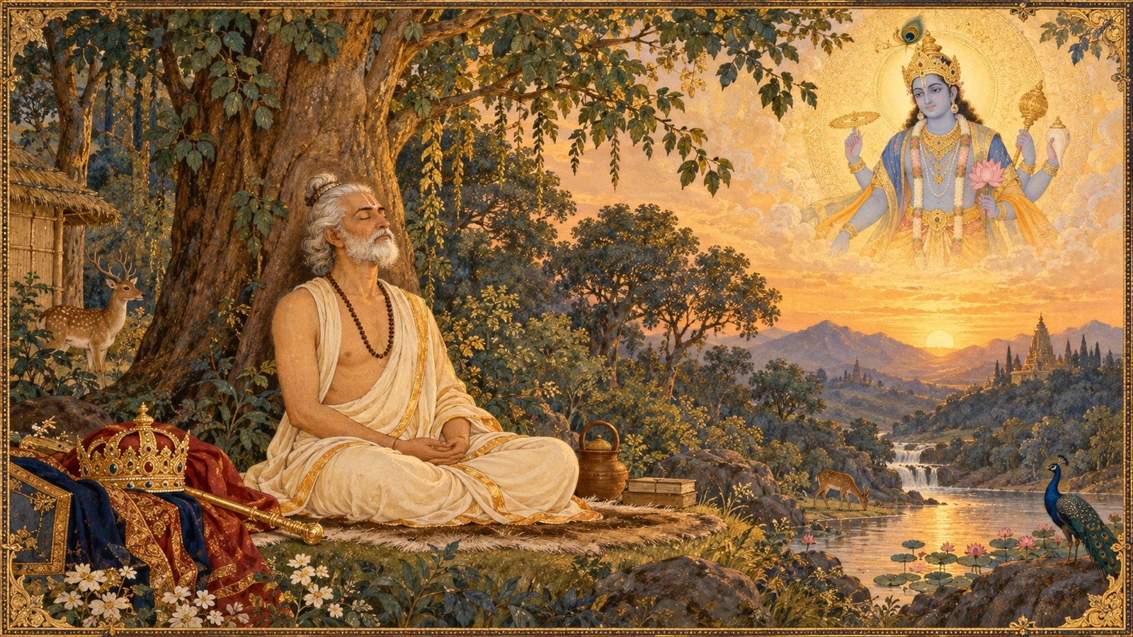 The aged King Ambarisha retiring to the forest in meditation on Lord Vasudeva