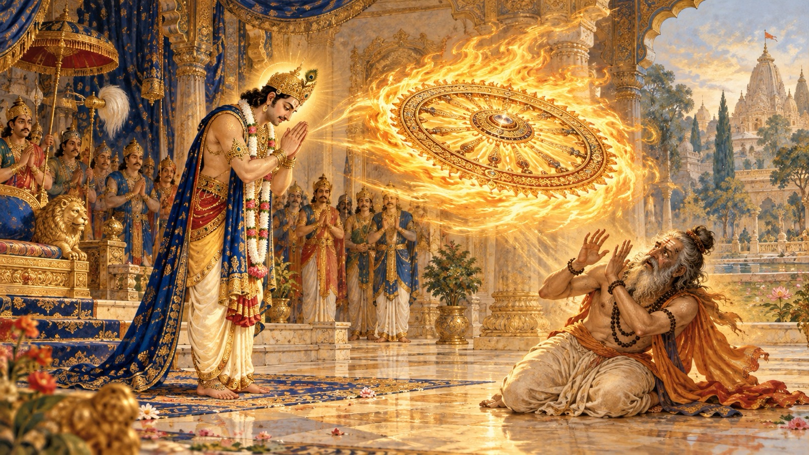 King Ambarisha with folded hands praying to the radiant Sudarsana discus to spare the sage Durvasa