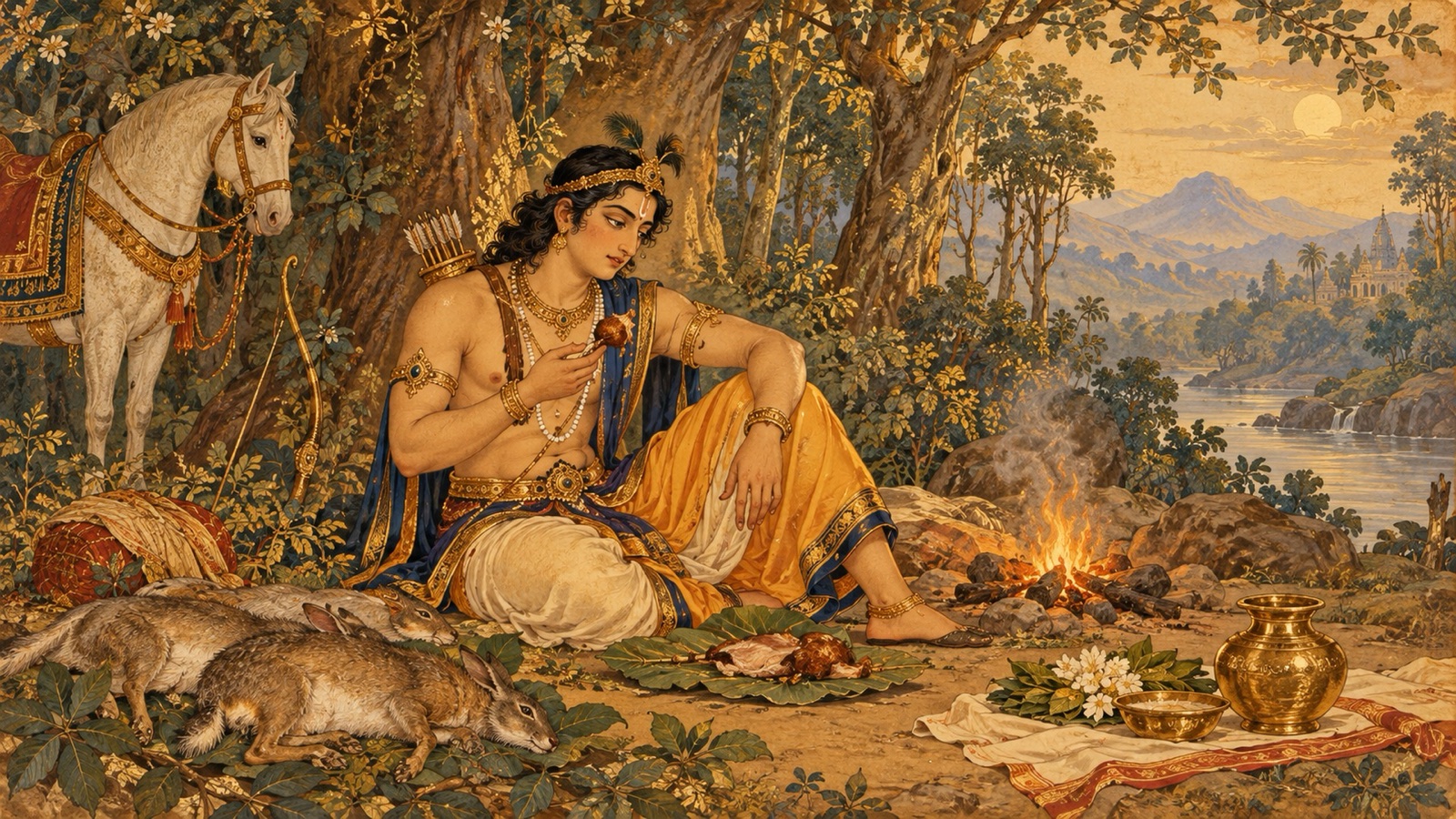 वन में थका हुआ राजकुमार विकुक्षि पितरों हेतु रखे खरगोश को असावधानीवश खाते हुए