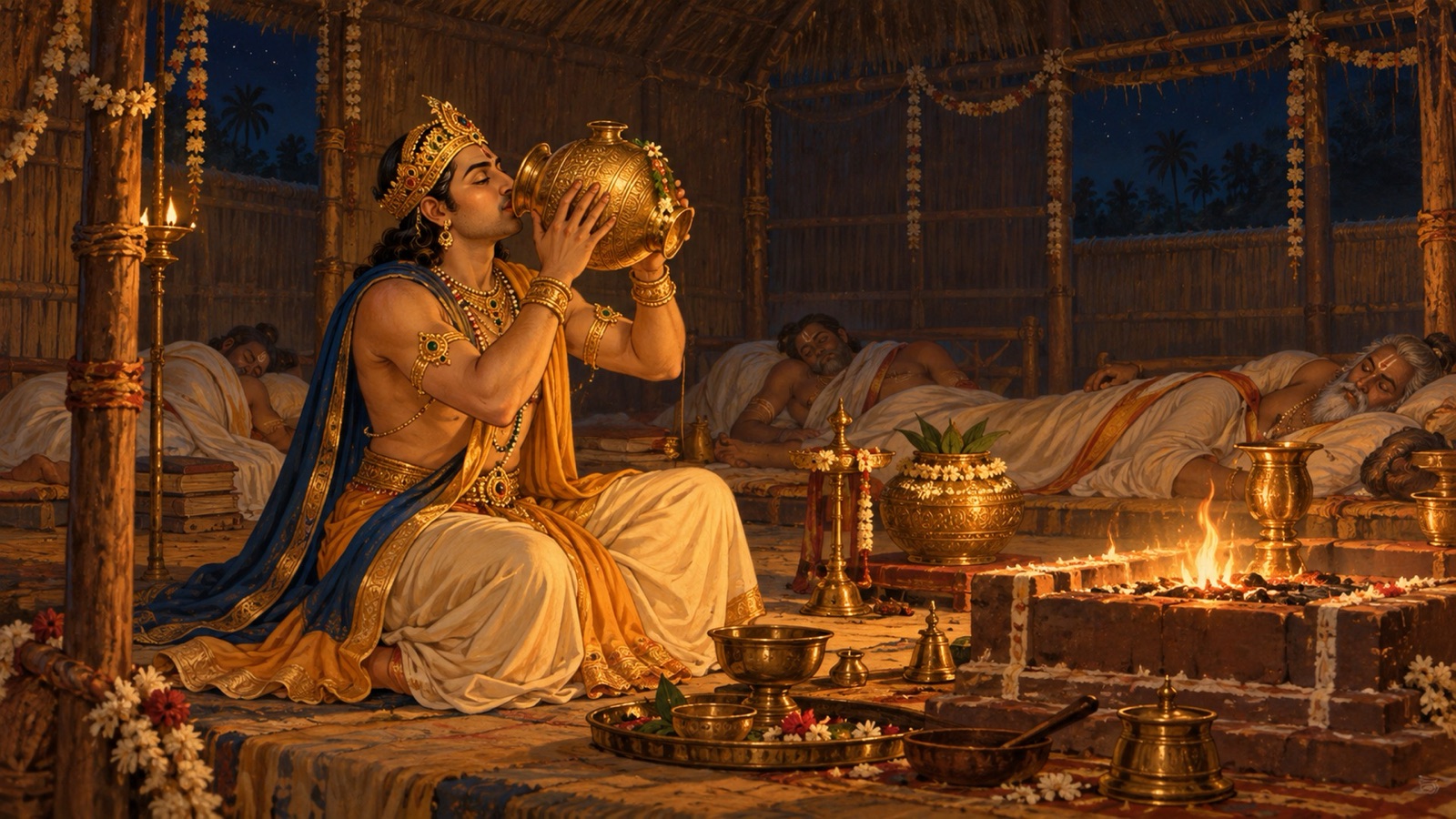 रात में यज्ञशाला में ब्राह्मणों के सोते समय अभिमन्त्रित जल पीते राजा युवनाश्व