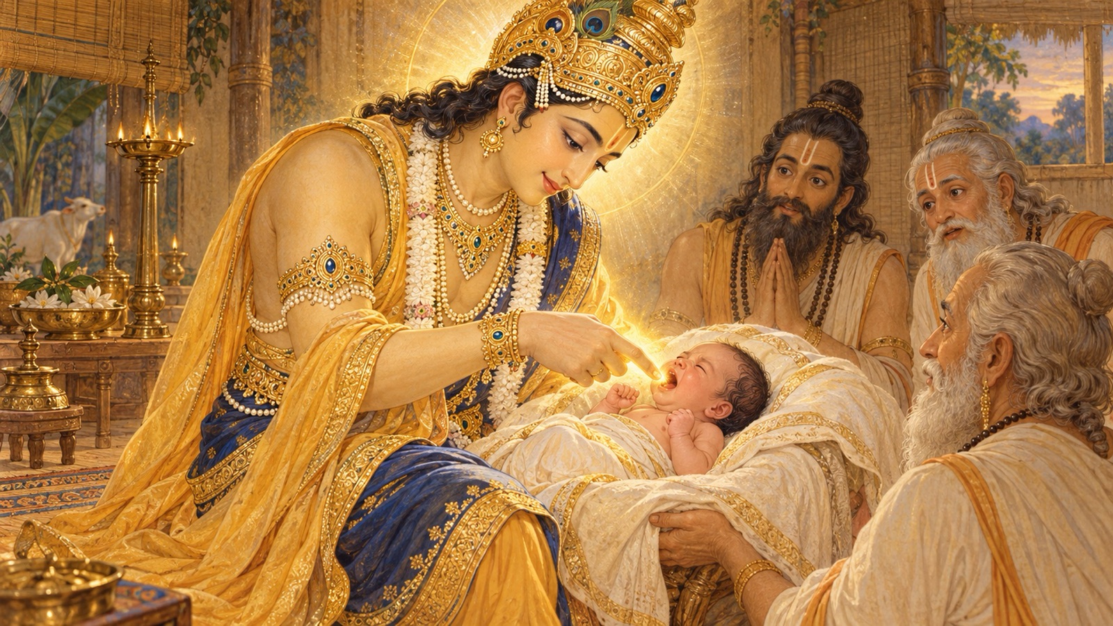 शिशु मान्धाता के मुख में अपनी अमृत-टपकती तर्जनी रखते इन्द्र