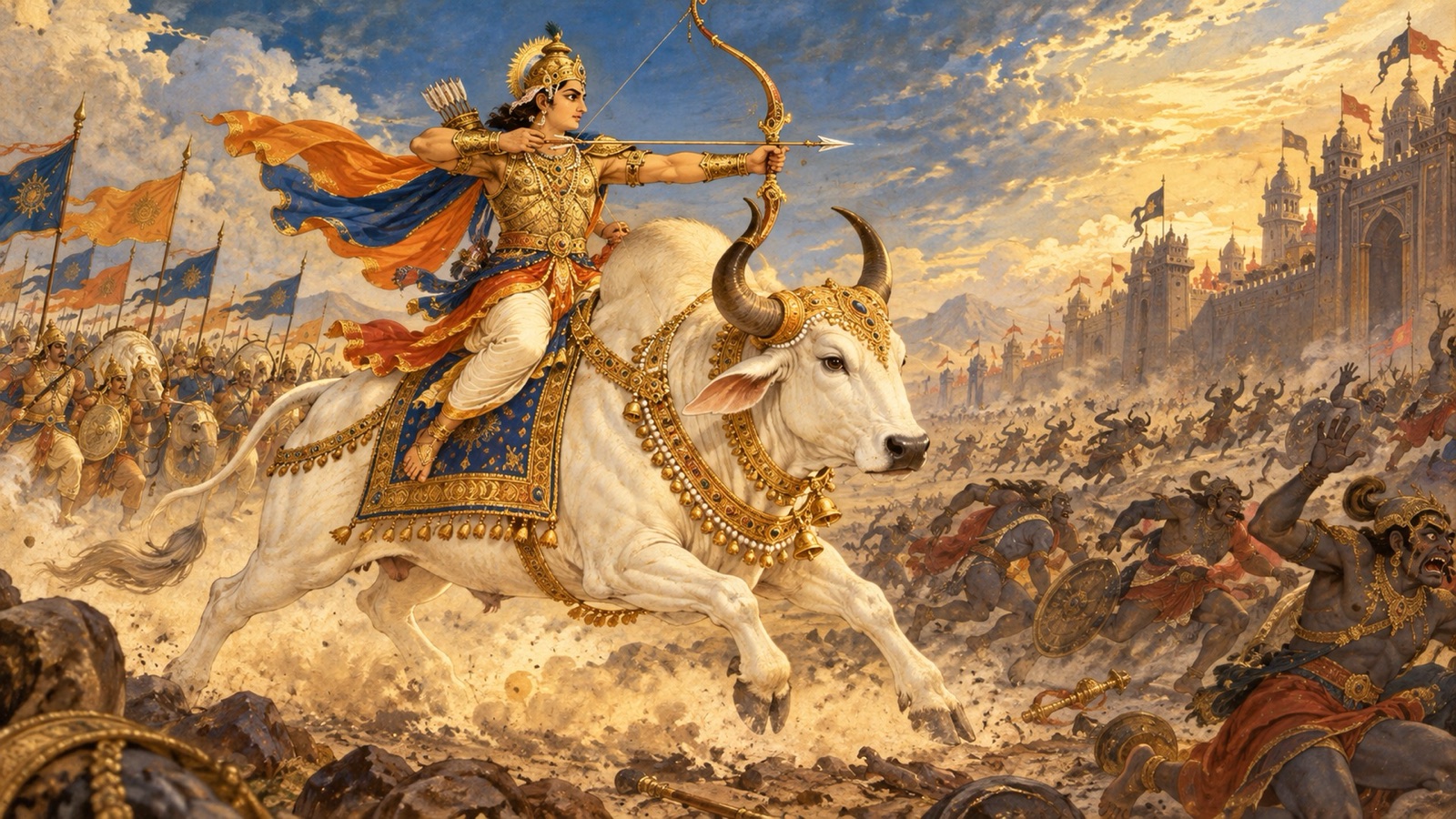 कवचधारी, धनुषधारी वीर पुरंजय एक विशाल बैल की ककुद पर सवार होकर दैत्यों से युद्ध हेतु जाते हुए