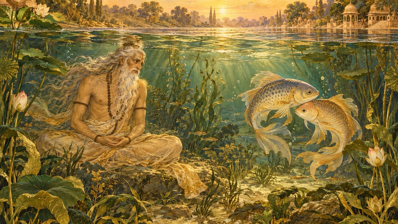 The aged sage Saubhari in austerity beneath the Yamuna, watching a great fish sporting with its mate