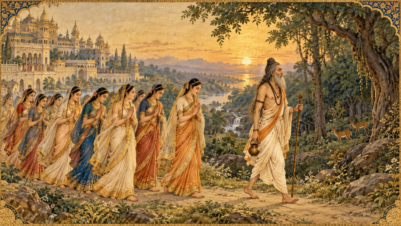 The awakened sage Saubhari renouncing his palaces and retiring to the forest with his devoted wives