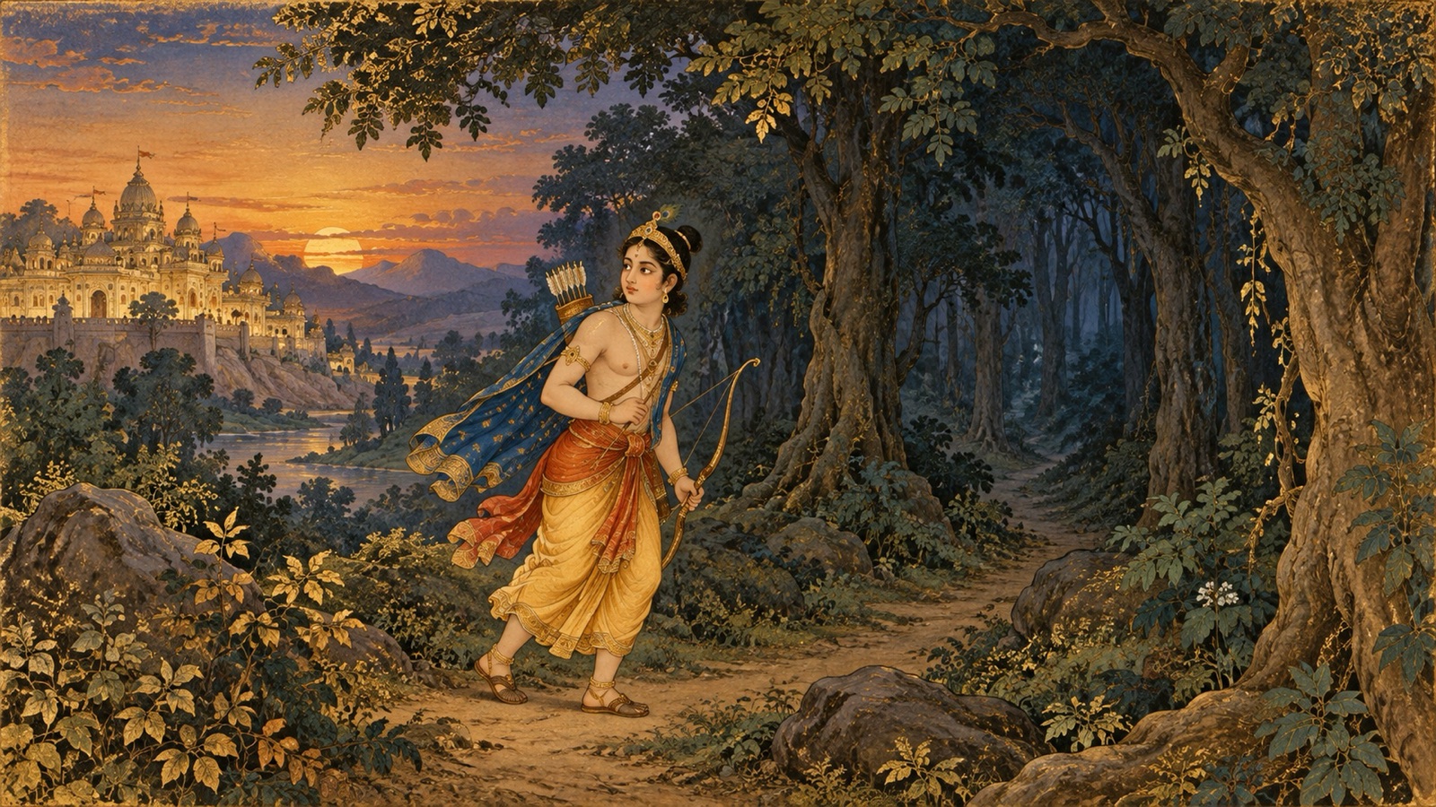 धनुष हाथ में लिए बलि से बचने हेतु वन में जाते राजकुमार रोहित