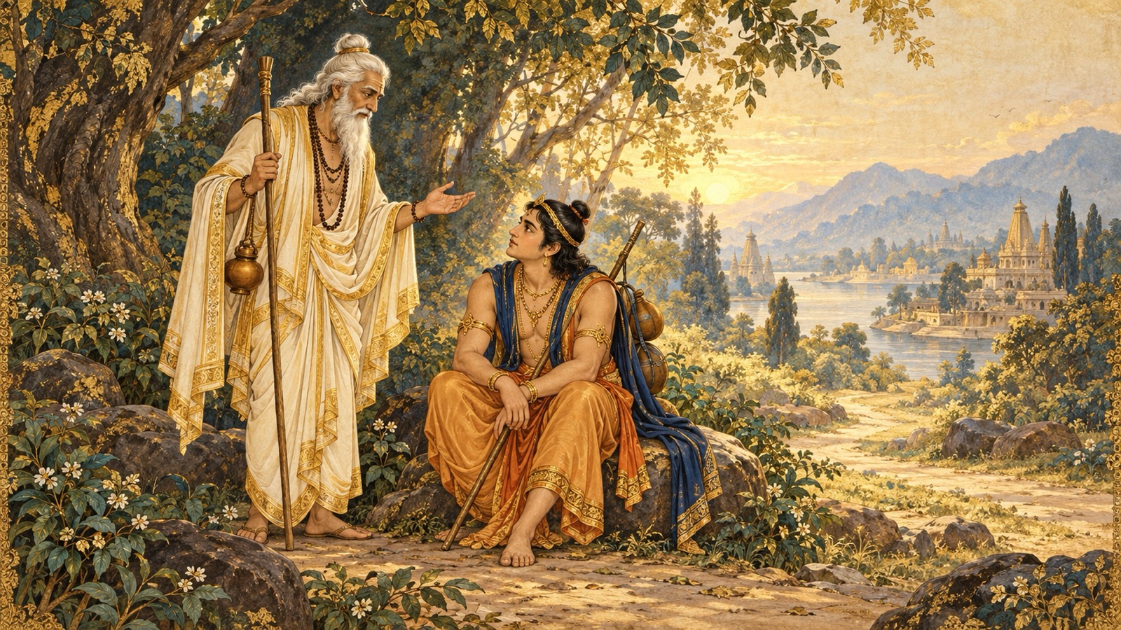 वृद्ध ब्राह्मण के वेश में वन में भटकते राजकुमार रोहित को परामर्श देते इन्द्र