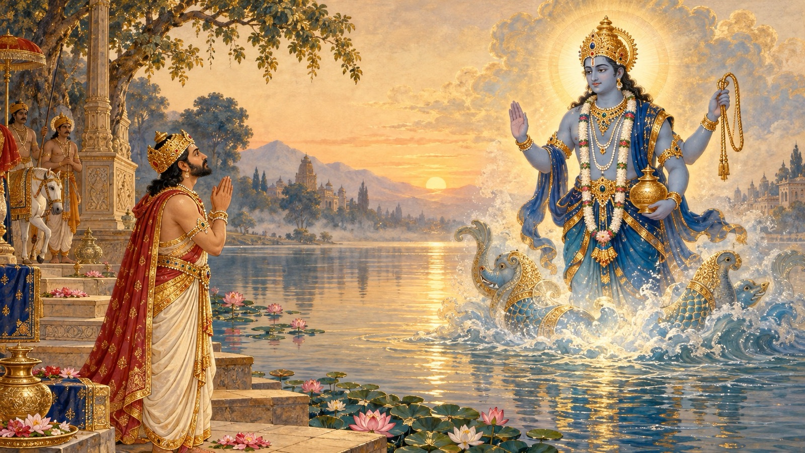 निःसन्तान राजा हरिश्चन्द्र जल के स्वामी वरुण से हाथ जोड़े पुत्र हेतु प्रार्थना करते हुए