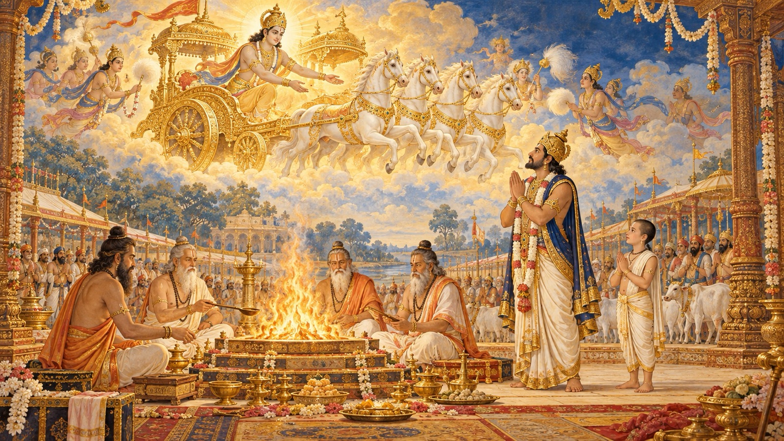 King Hariscandra's great sacrifice with four sages officiating and Indra granting a golden chariot