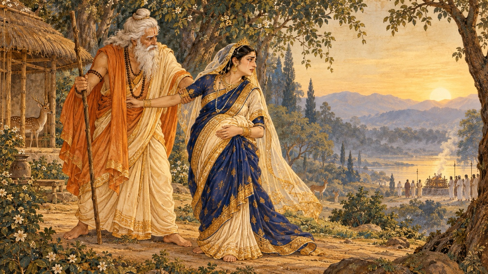 The sage Aurva gently stopping the widowed pregnant queen from ascending her husband's funeral pyre