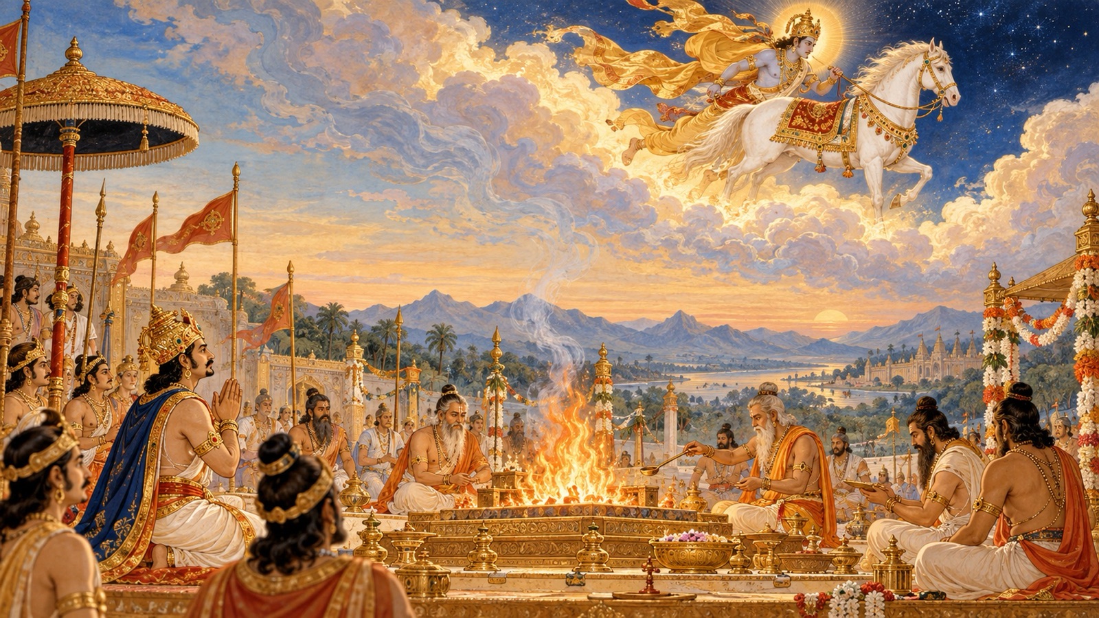 Emperor Sagara performing the horse sacrifice as Indra secretly carries off the consecrated horse