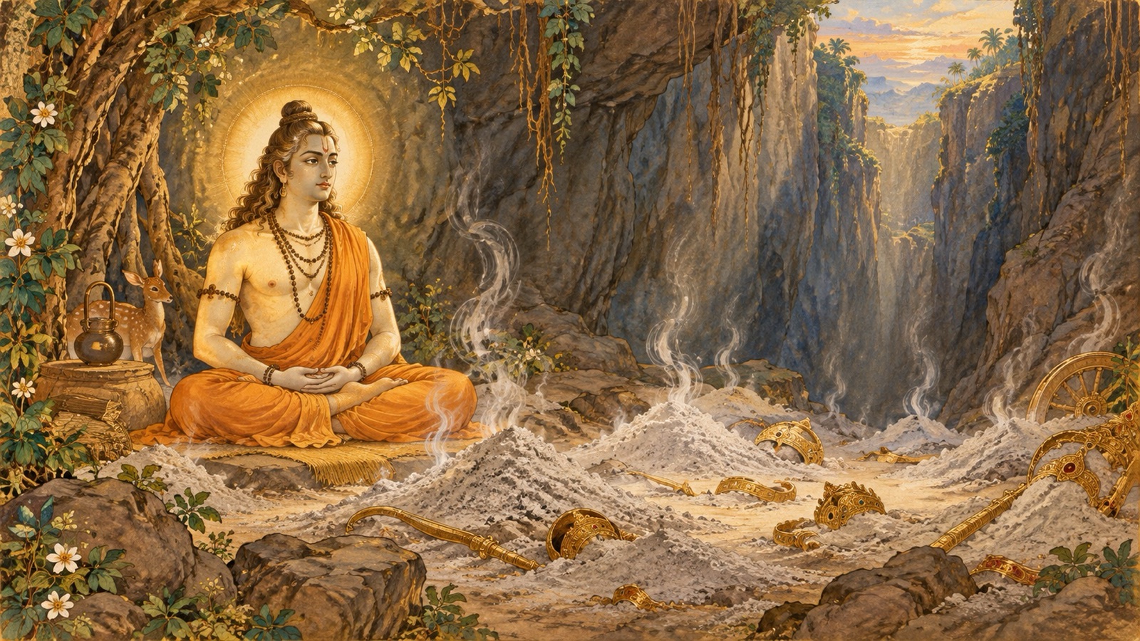 The sons of Sagara reduced to ashes by the fire of their own bodies as the sage Kapila opens his eyes