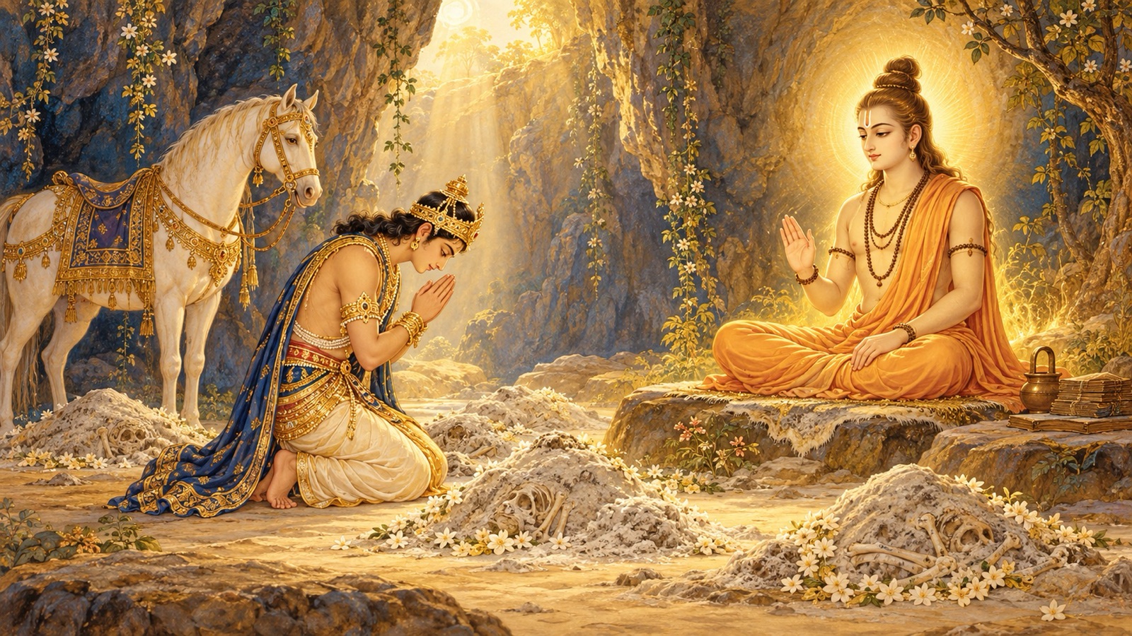 Prince Amsuman bowing with folded palms and praying humbly before the divine sage Kapila