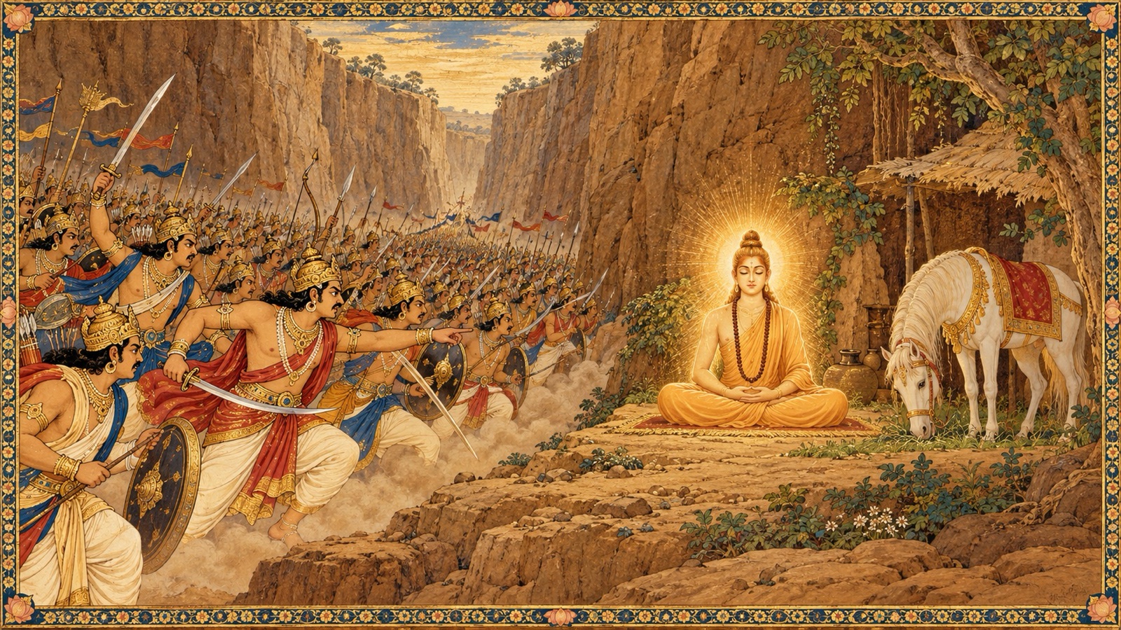 The sixty thousand sons of Sagara rushing with raised weapons at the meditating sage Kapila beside the sacrificial horse