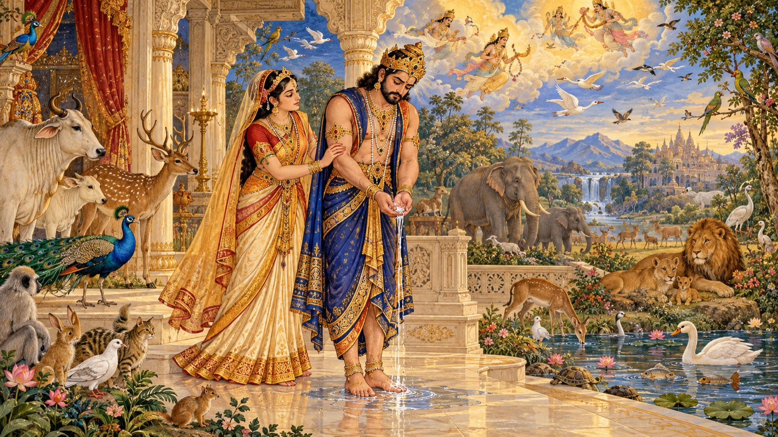 रानी मदयन्ती द्वारा रोके गए राजा सौदास, जो शापित जल अपने ही चरणों पर डालते हैं
