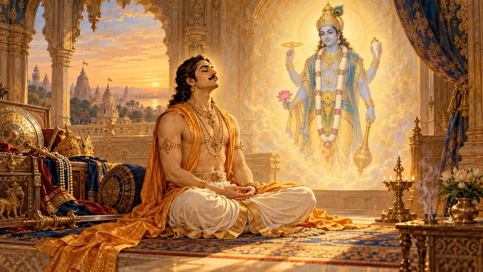 अपनी नगरी लौटकर अन्तिम घड़ी में भगवान् विष्णु पर मन स्थिर करते राजा खट्वाङ्ग