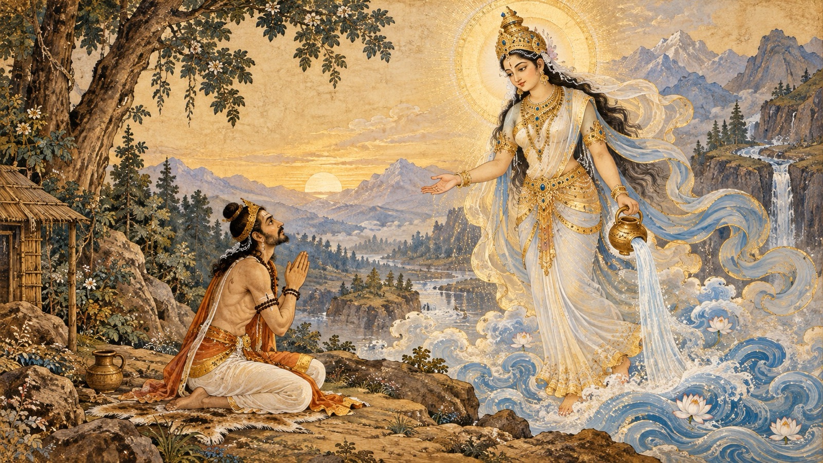 The goddess of the holy river appearing before King Bhagiratha as he performs austerity