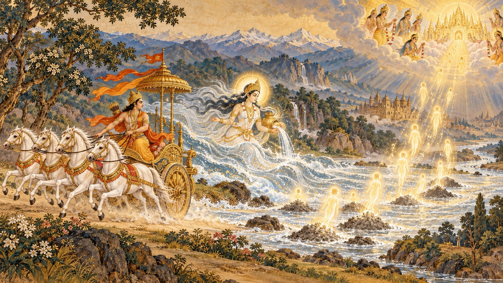 The Ganga following Bhagiratha's chariot and bathing the ashes of Sagara's sons