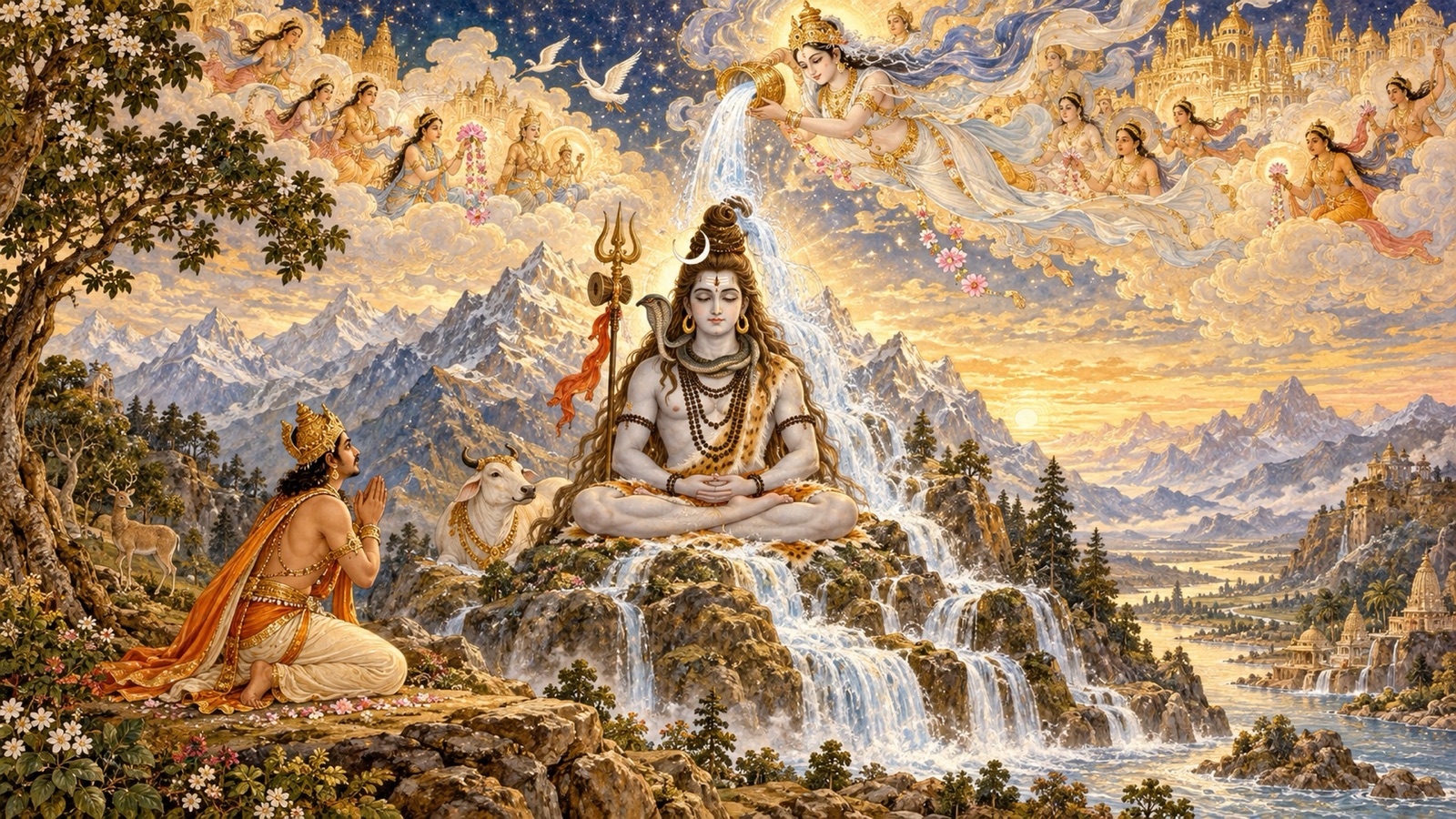 The holy Ganga descending from heaven onto the matted locks of Lord Siva as King Bhagiratha kneels in prayer