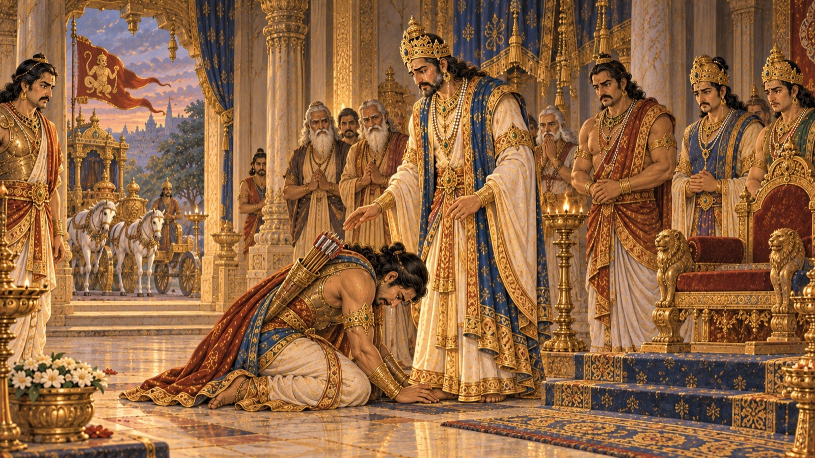द्वारका से लौटकर उदास अर्जुन राजा युधिष्ठिर के चरणों में गिरते हुए, उनके मुख पर आँसू