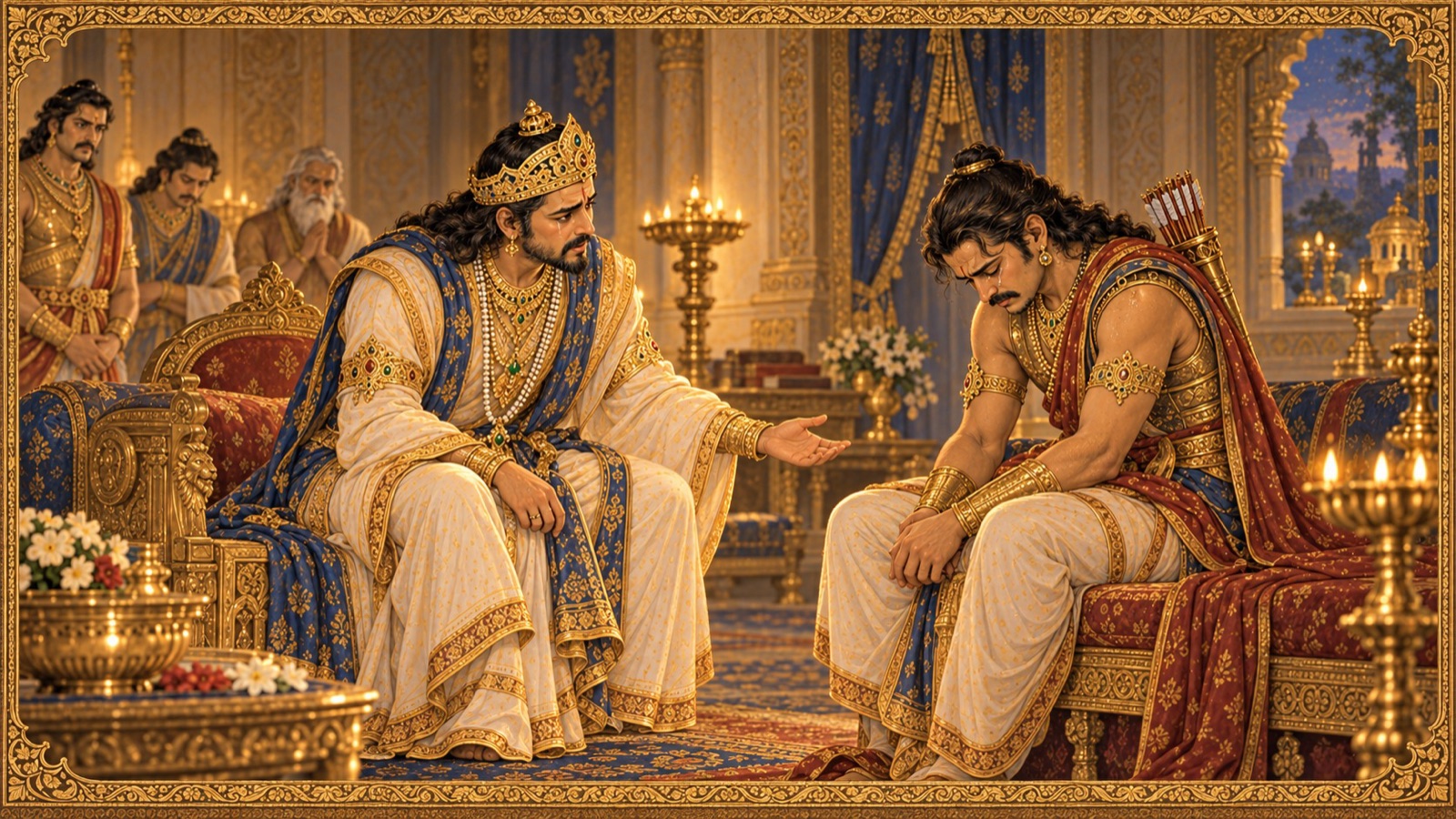 राजा युधिष्ठिर शोकाकुल अर्जुन की ओर झुककर कोमलता से प्रश्न करते हुए, अर्जुन के नेत्रों में आँसू