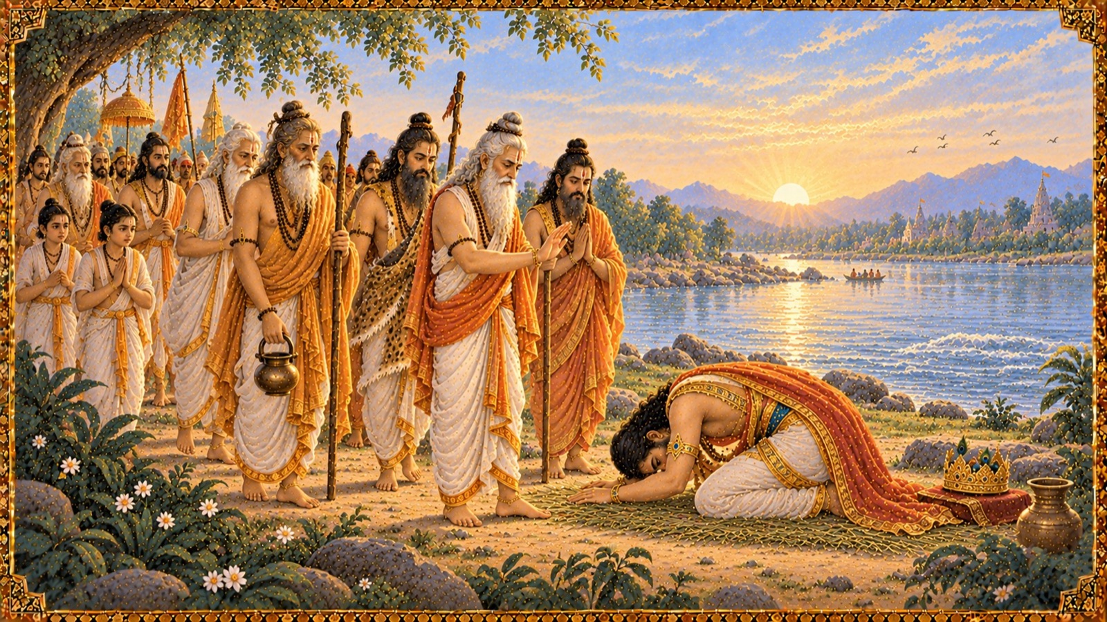 अपने शिष्यों सहित गंगा-तट पर आते हुए महर्षियों का विशाल समागम, जिन्हें ग्रहण करने के लिए राजा परीक्षित सिर झुकाते हैं