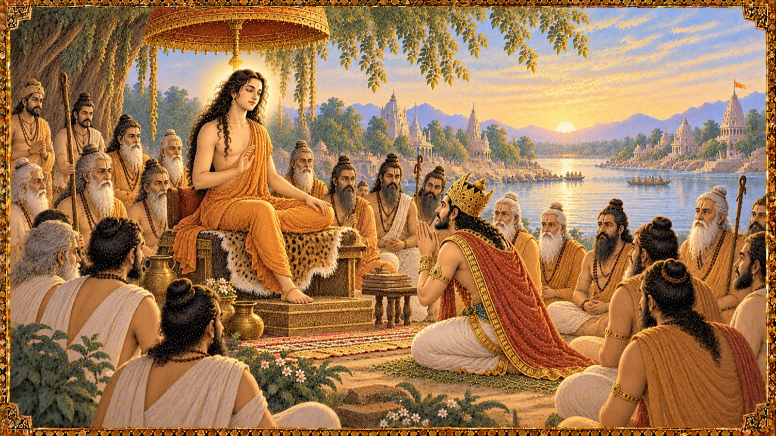 आसनासीन श्रीशुकदेव गोस्वामी के चरणों में झुककर हाथ जोड़े प्रश्न करते राजा परीक्षित