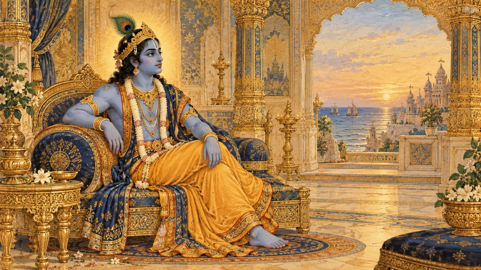 द्वारका के अपने महल में शान्त चिन्तन में विराजमान भगवान् श्रीकृष्ण, अपने कुल को उठा लेने तथा शाश्वत धाम लौटने के संकल्प में