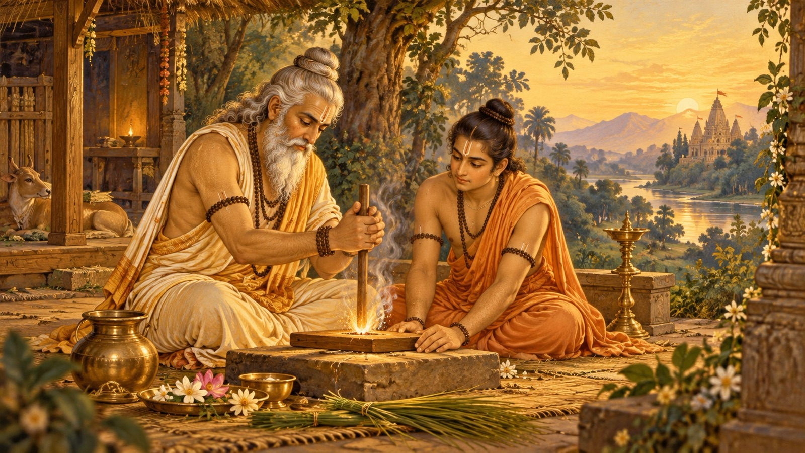 अग्नि उत्पन्न करने हेतु मन्थित दो पावन अरणि-काष्ठ, आचार्य, शिष्य तथा ज्ञान की अग्नि का प्रतीक