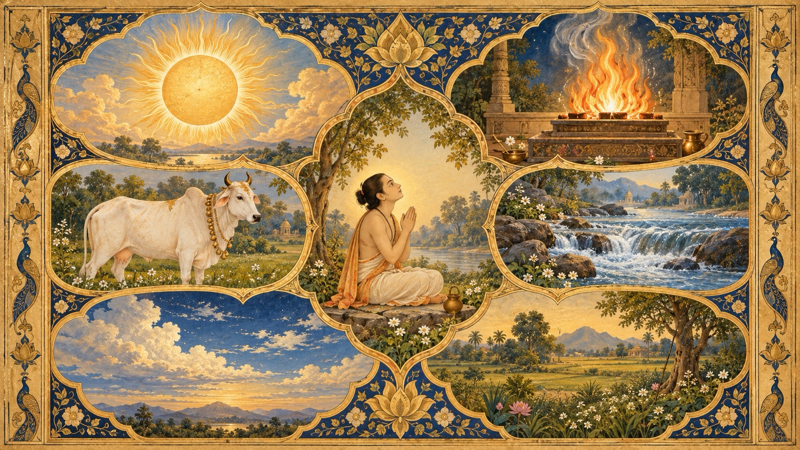 सूर्य, अग्नि, गौ, पृथ्वी, जल तथा समस्त प्राणियों में भगवान् की उपासना दर्शाता श्रद्धापूर्ण चित्र