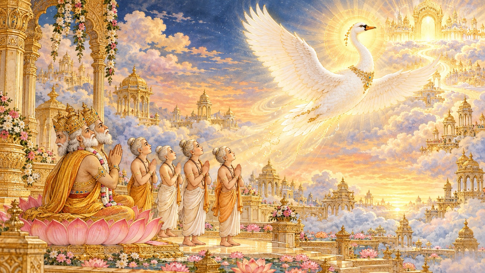 ब्रह्मा तथा ऋषियों द्वारा पूजित होकर अपने परम धाम लौटते दिव्य हंस