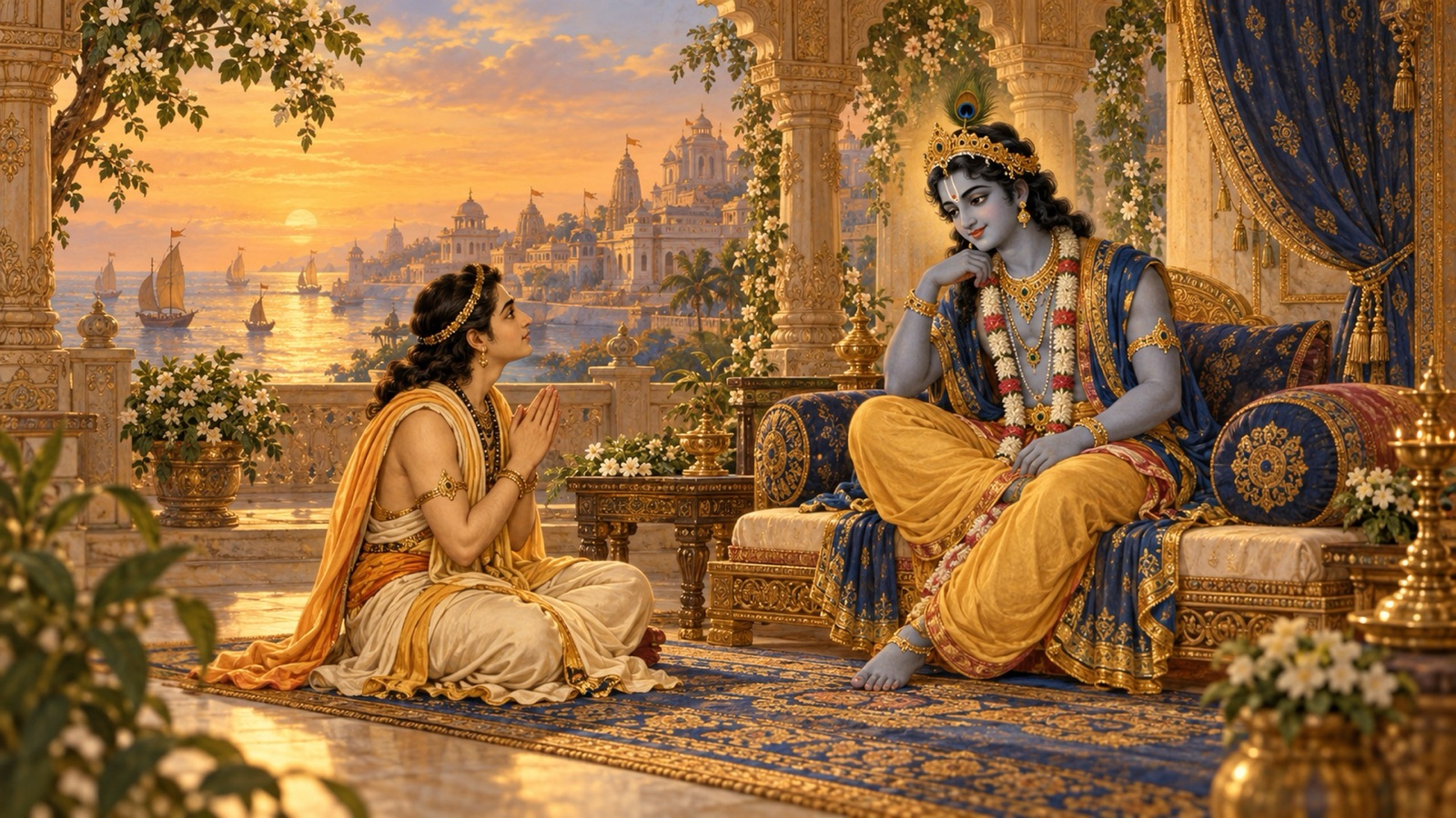 हाथ जोड़े उद्धव भगवान् कृष्ण से पूछते हुए कि क्या मुक्ति का एक मार्ग शेष सबसे श्रेष्ठ है