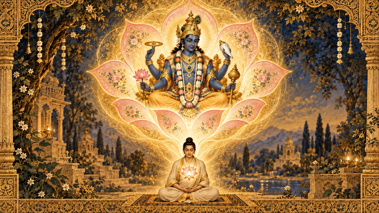 हृदय-कमल में भगवान् कृष्ण के कृपा-पूर्ण चतुर्भुज स्वरूप का ध्यान करता एक साधक