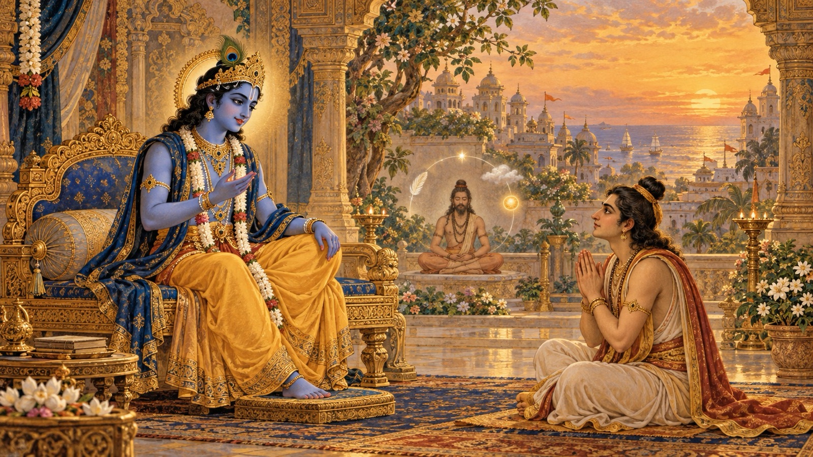 भगवान् श्रीकृष्ण उद्धव को अठारह दिव्य सिद्धियों के विषय में उपदेश देते हुए, ध्यानमग्न योगी के चारों ओर सूक्ष्म दिव्य प्रकाश-प्रतीक