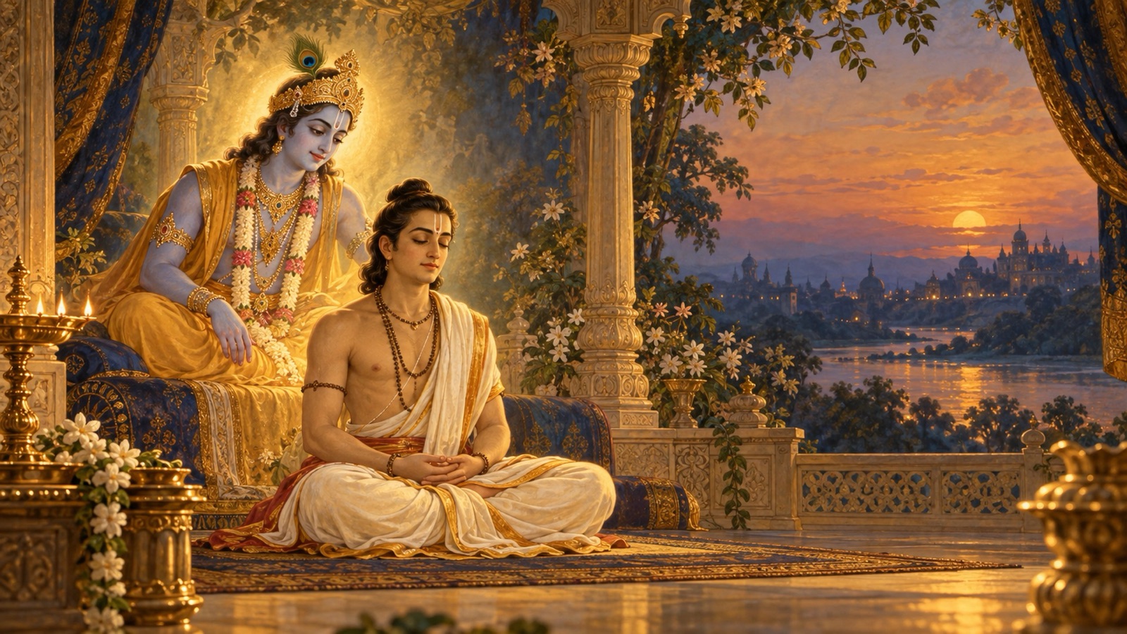 भगवान् कृष्ण के समक्ष शान्त ध्यान में बैठे उद्धव, भक्तिपूर्वक वाणी, मन, प्राण तथा इन्द्रियों को भीतर समेटते हुए