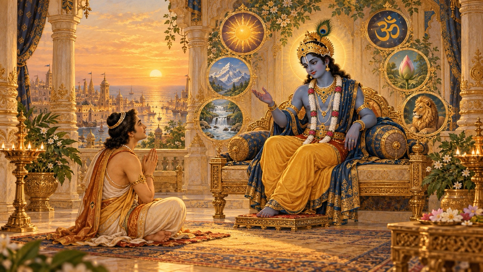 भगवान् श्रीकृष्ण उद्धव को अपनी दिव्य विभूतियाँ प्रकट करते हुए, सूर्य, हिमालय, गंगा तथा पावन अक्षर ॐ के प्रतीकों से घिरे हुए